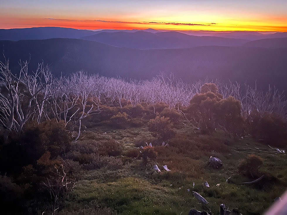 Looking down Mt Hotham at sunset in summer